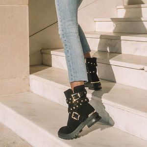 Vince Camuto Baretta Black Suede Studded Moto Boots Size 5.5 Exc Condition